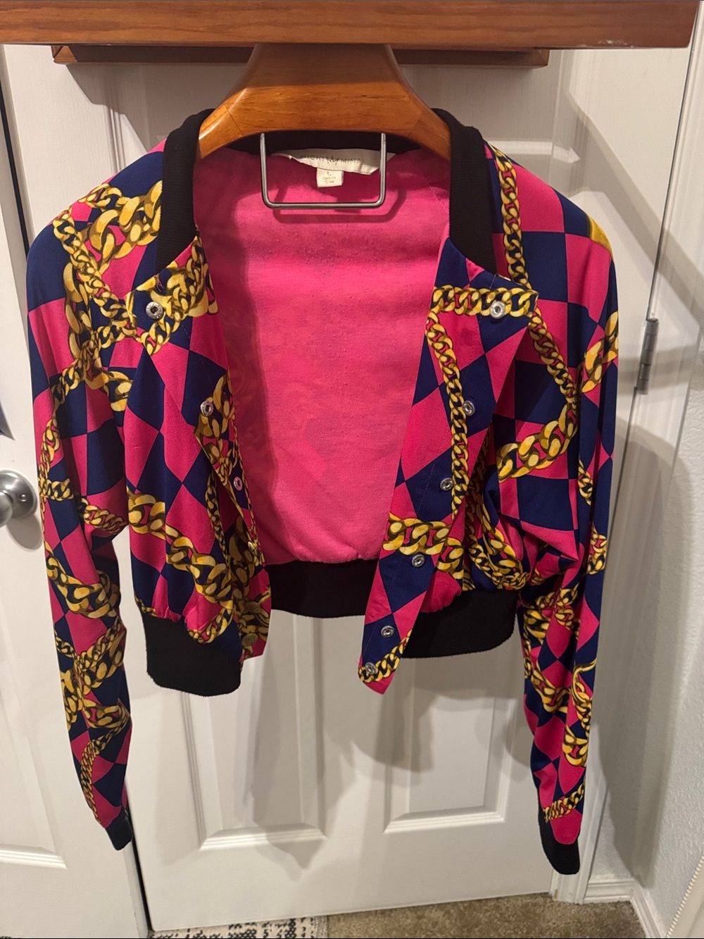 Nicki Minaj Hot Pink and Navy Chain-Print Bomber Jacket